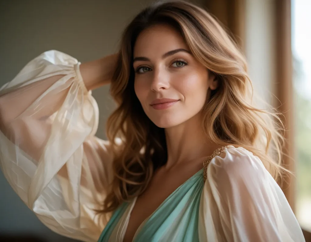 Jeune femme aux cheveux blonds ondulés vêtue d'une robe verte fluide aux manches bouffantes, posée devant une fenêtre aux