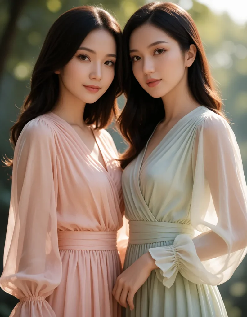Deux silhouettes féminines en robes fluides aux tons pastel, matières soyeuses et transparences délicates, posant dans un