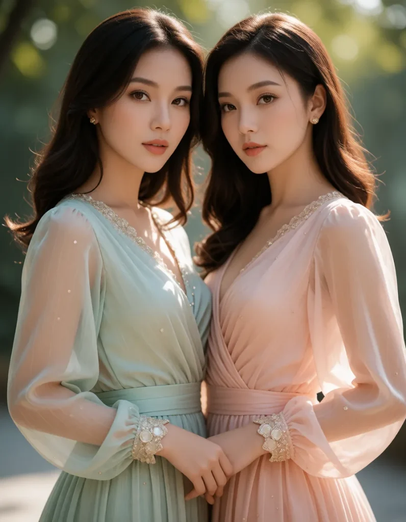 Deux femmes vêtues de robes fluides aux tons pastel, perles et broderies, posant dans un décor végétal baigné d’une lumière