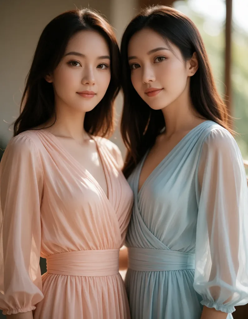 Deux femmes aux cheveux longs vêtues de robes fluides en soie, l'une en rose pâle et l'autre en bleu ciel, dans un intérieur
