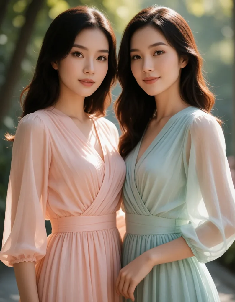 Deux femmes vêtues de robes fluides en soie aux tons pastel, posant devant un fond flou de végétation, lumière naturelle