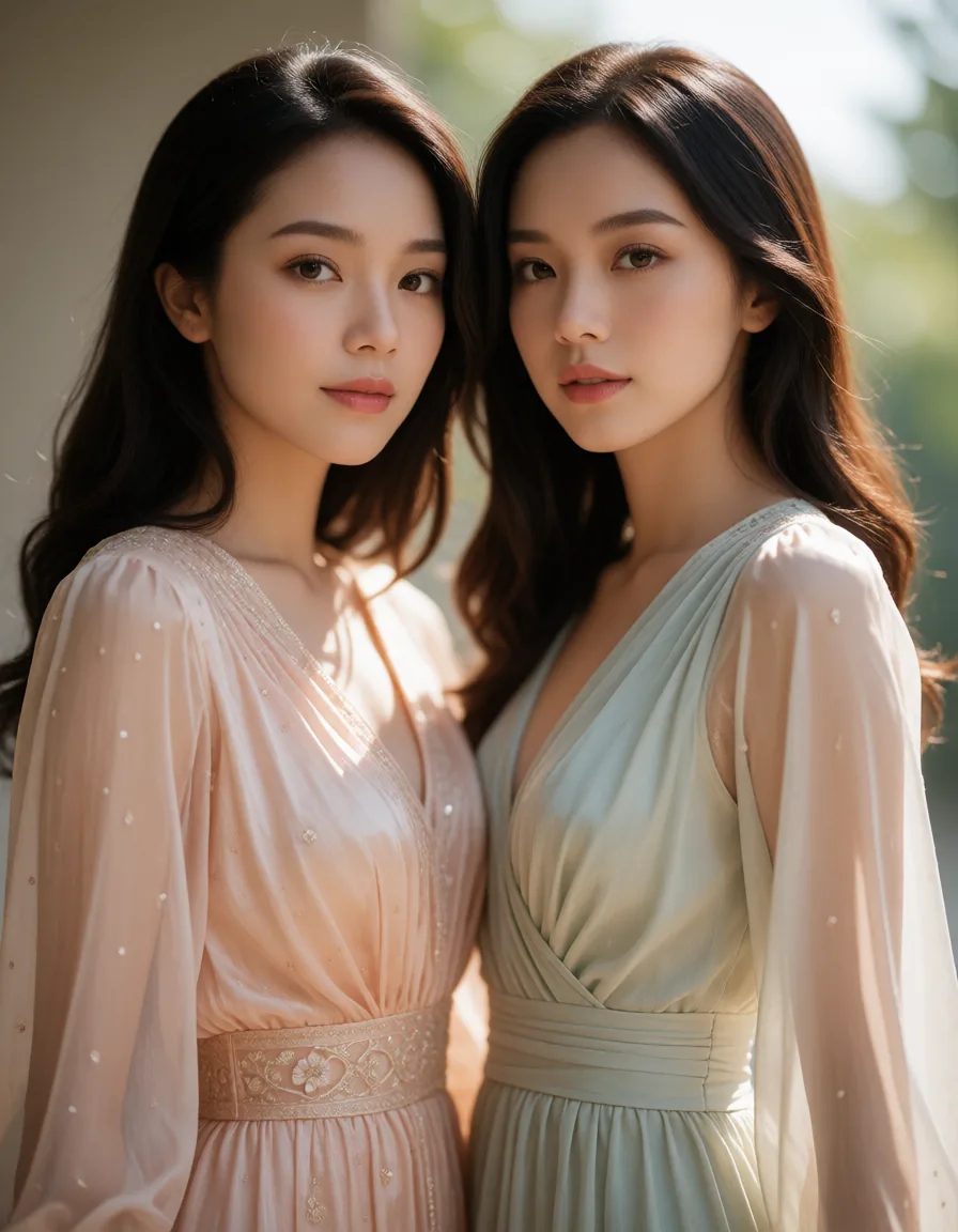 Deux femmes vêtues de robes fluides en soie aux tons pastel, cheveux longs et lissés, posant dans un intérieur lumineux aux