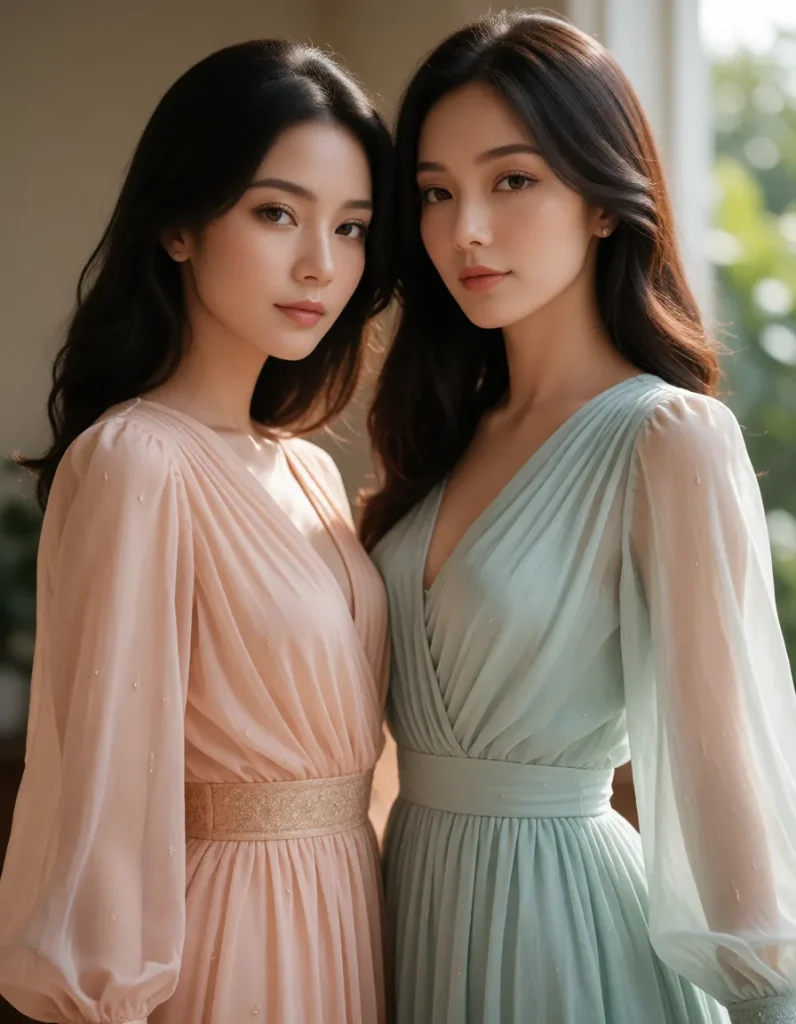 Deux femmes aux cheveux longs vêtues de robes fluides en soie aux tons pastel, posant dans un intérieur lumineux aux murs
