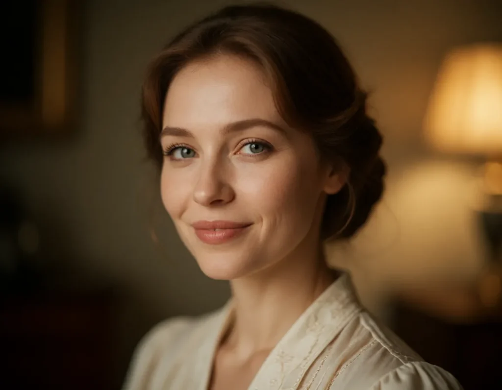 Portrait en lumière chaude d'une femme aux cheveux bruns ondulés, vêtue d'une robe en soie crème à motifs géométriques