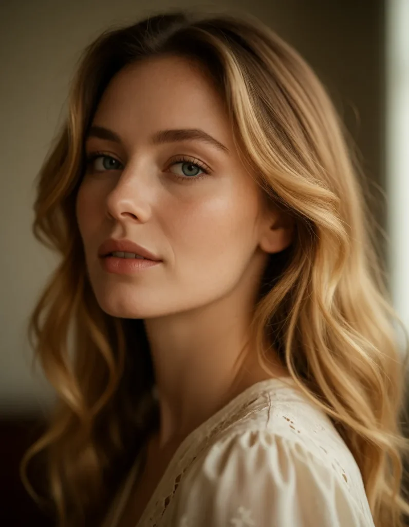 Portrait en gros plan d'une jeune femme aux cheveux blonds ondulés, vêtue d'une robe en soie ivoire, éclairée par une