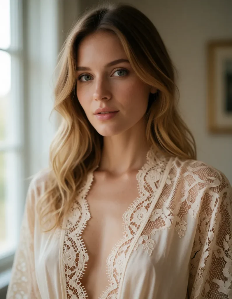 Portrait d'une personne aux cheveux blonds bouclés vêtue d'une veste en dentelle ivoire sur une robe claire, lumière